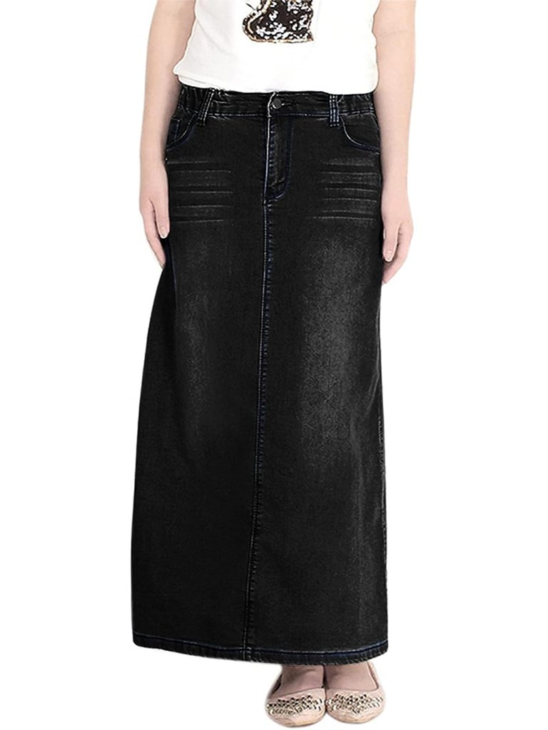 Women's Casual Stretch Waist Washed Denim A-Line Maxi Skirt